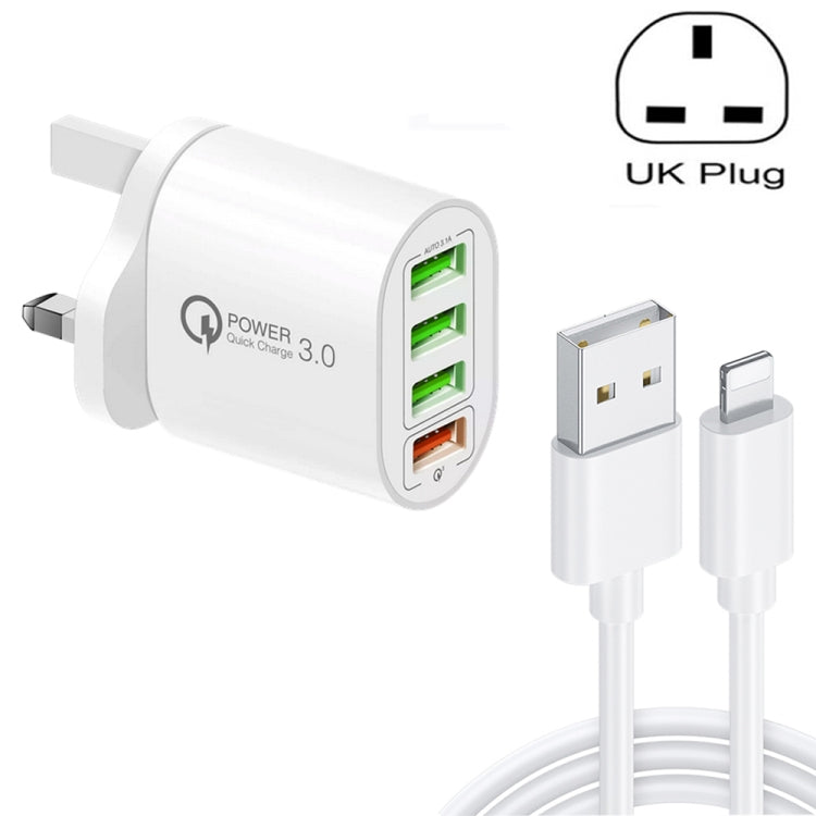 QC-04 QC3.0＋3ポートUSB2.0 マルチポート充電器 3A USBから8ピンデータケーブル付き、UKプラグ、UKプラグ＋8ピンケーブル