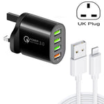 QC-04 QC3.0＋3ポートUSB2.0 マルチポート充電器 3A USBから8ピンデータケーブル付き、UKプラグ、UKプラグ＋8ピンケーブル