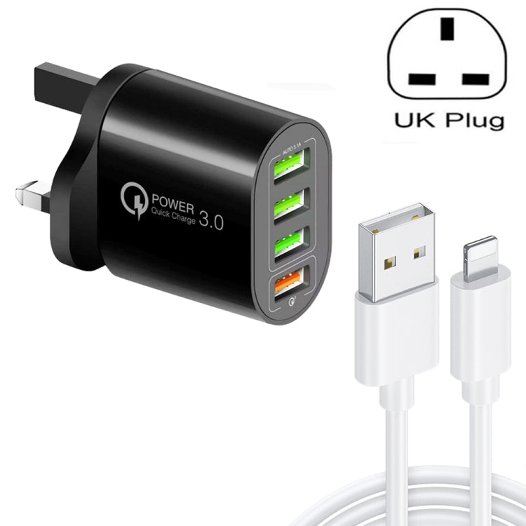 QC-04 QC3.0＋3ポートUSB2.0 マルチポート充電器 3A USBから8ピンデータケーブル付き、UKプラグ、UKプラグ＋8ピンケーブル