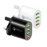 QC-04 QC3.0＋3ポートUSB2.0 マルチポート充電器 3A USBから8ピンデータケーブル付き、UKプラグ、UKプラグ＋8ピンケーブル