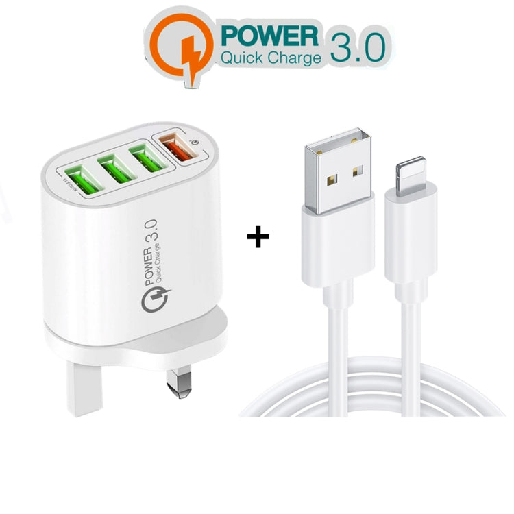 QC-04 QC3.0＋3ポートUSB2.0 マルチポート充電器 3A USBから8ピンデータケーブル付き、UKプラグ、UKプラグ＋8ピンケーブル