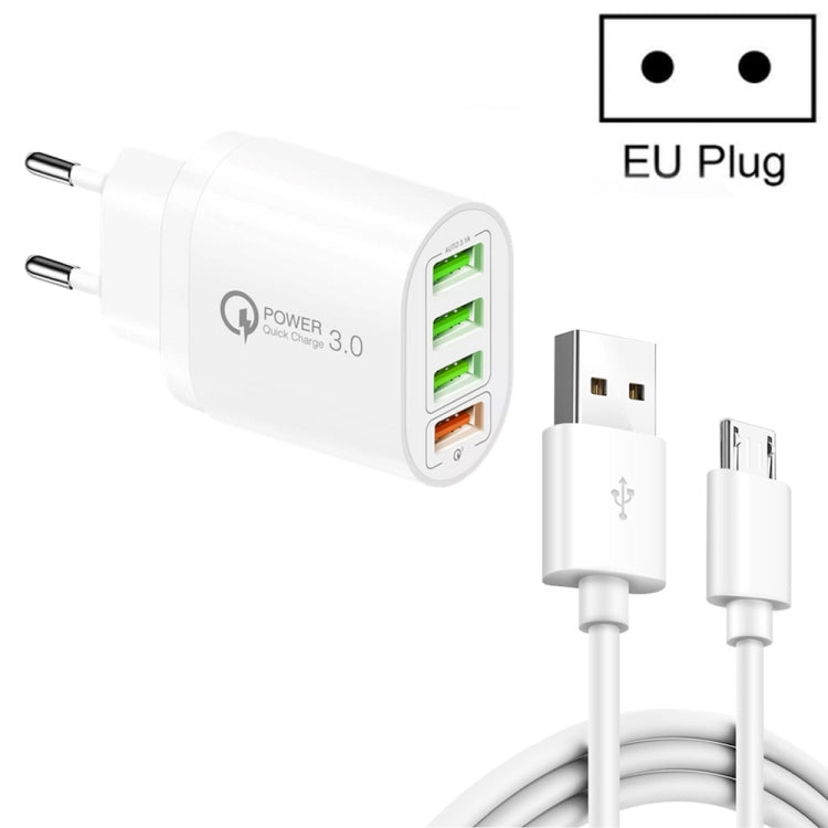 QC-04 QC3.0 + 3ポートUSB2.0 マルチポート充電器 3A USB to Micro USBデータケーブル付き、EUプラグ、EUプラグ＋Micro USBケーブル