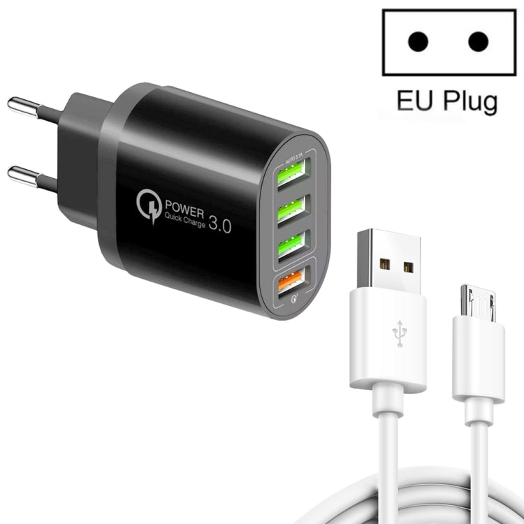QC-04 QC3.0 + 3ポートUSB2.0 マルチポート充電器 3A USB to Micro USBデータケーブル付き、EUプラグ、EUプラグ＋Micro USBケーブル