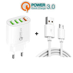 QC-04 QC3.0 + 3ポートUSB2.0 マルチポート充電器 3A USB to Micro USBデータケーブル付き、EUプラグ、EUプラグ＋Micro USBケーブル