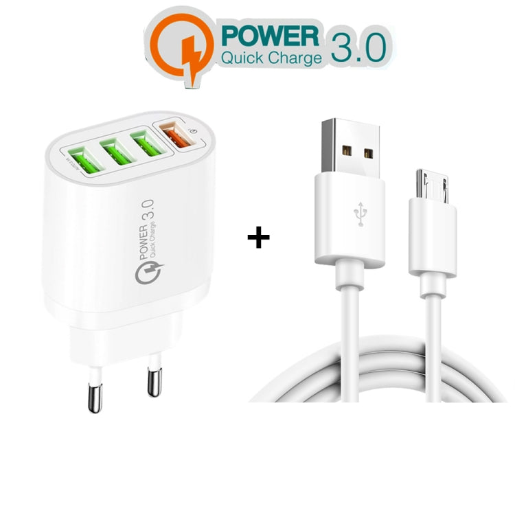 QC-04 QC3.0 + 3ポートUSB2.0 マルチポート充電器 3A USB to Micro USBデータケーブル付き、EUプラグ、EUプラグ＋Micro USBケーブル