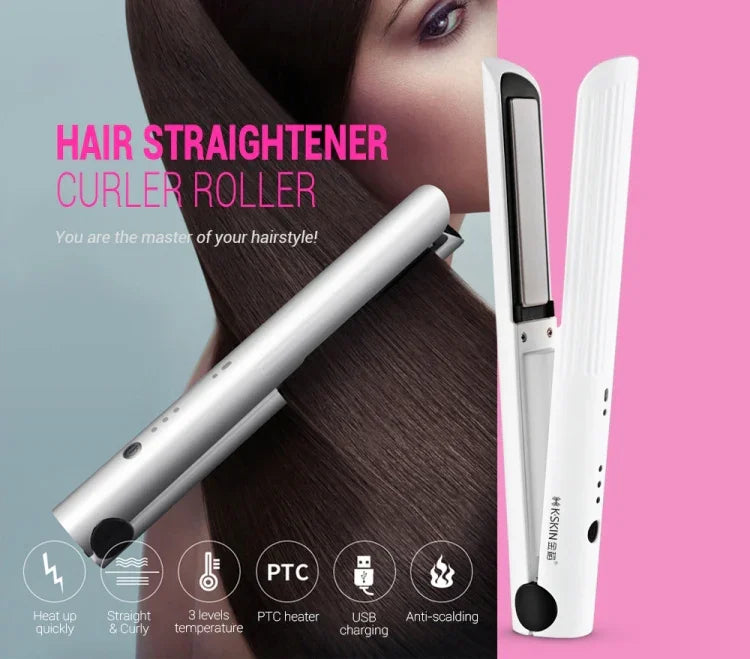 K-SKIN ポータブル充電式ヘアストレートナー カーラー セラミックアイロン スタイリングツール コードレス 温度調節可能 速熱