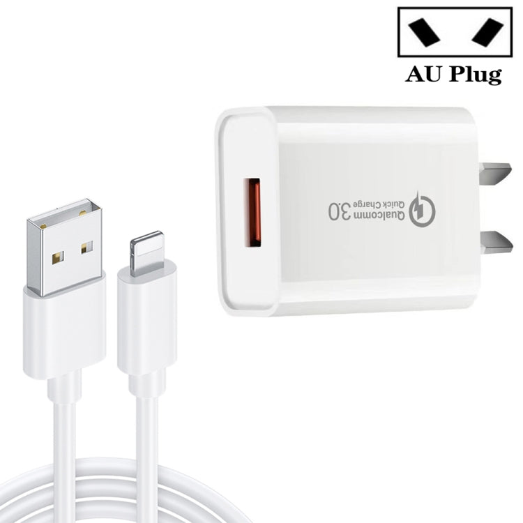 CA-25 QC3.0 USB 3A 急速充電器 USB to 8ピンデータケーブル付き、AUプラグ、AUプラグ + 8ピンケーブル