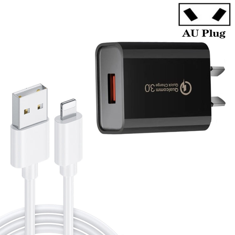 CA-25 QC3.0 USB 3A 急速充電器 USB to 8ピンデータケーブル付き、AUプラグ、AUプラグ + 8ピンケーブル