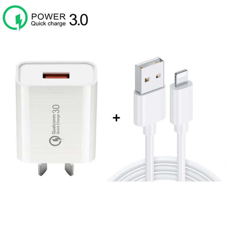 CA-25 QC3.0 USB 3A 急速充電器 USB to 8ピンデータケーブル付き、AUプラグ、AUプラグ + 8ピンケーブル