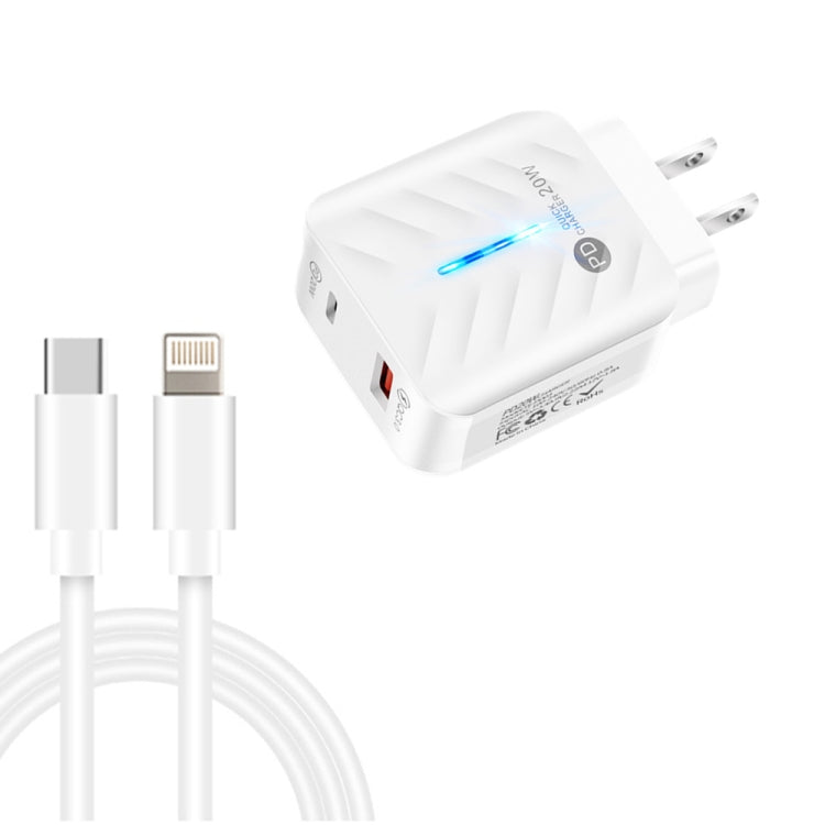 PD03 20W PD3.0 + QC3.0 USB 充電器 Type-C to 8ピンデータケーブル付き、USプラグ、USプラグ + Type-C to 8ピンケーブル