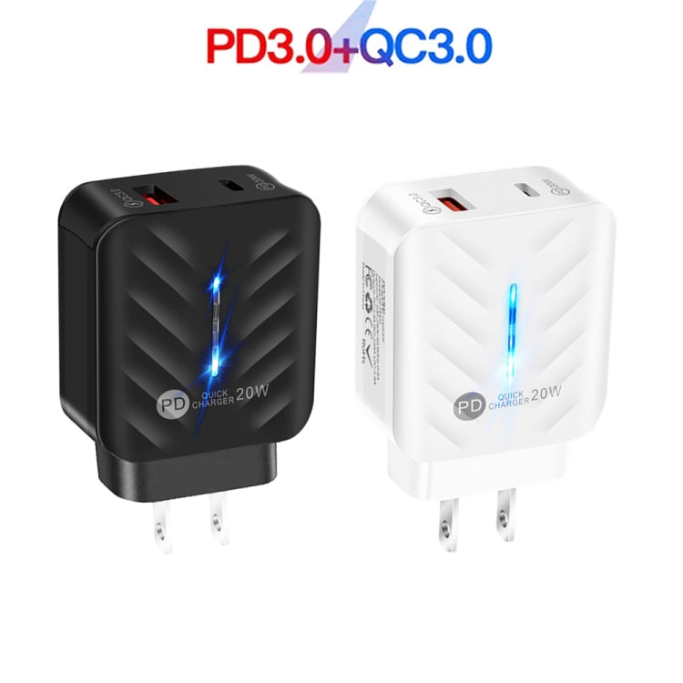 PD03 20W PD3.0 + QC3.0 USB 充電器 Type-C to 8ピンデータケーブル付き、USプラグ、USプラグ + Type-C to 8ピンケーブル