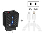 PD03 20W PD3.0 + QC3.0 USB 充電器 Type-C to 8ピンデータケーブル付き、USプラグ、USプラグ + Type-C to 8ピンケーブル