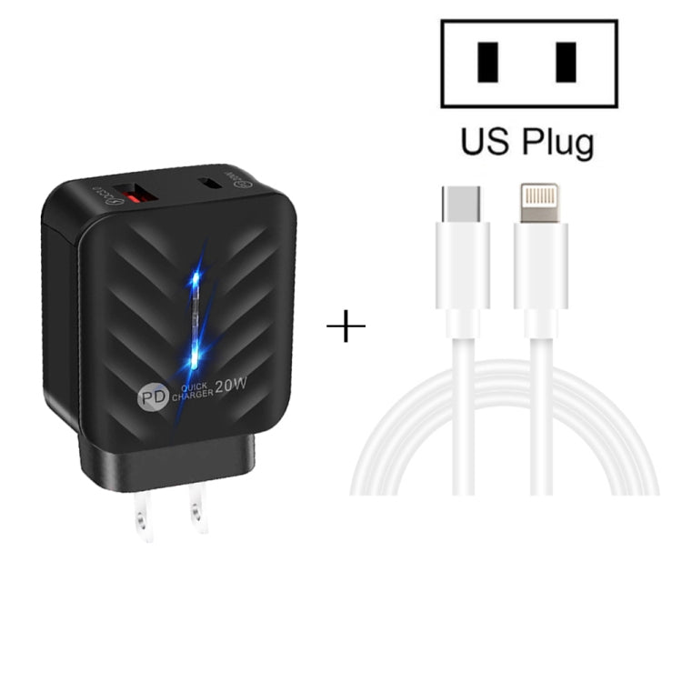 PD03 20W PD3.0 + QC3.0 USB 充電器 Type-C to 8ピンデータケーブル付き、USプラグ、USプラグ + Type-C to 8ピンケーブル