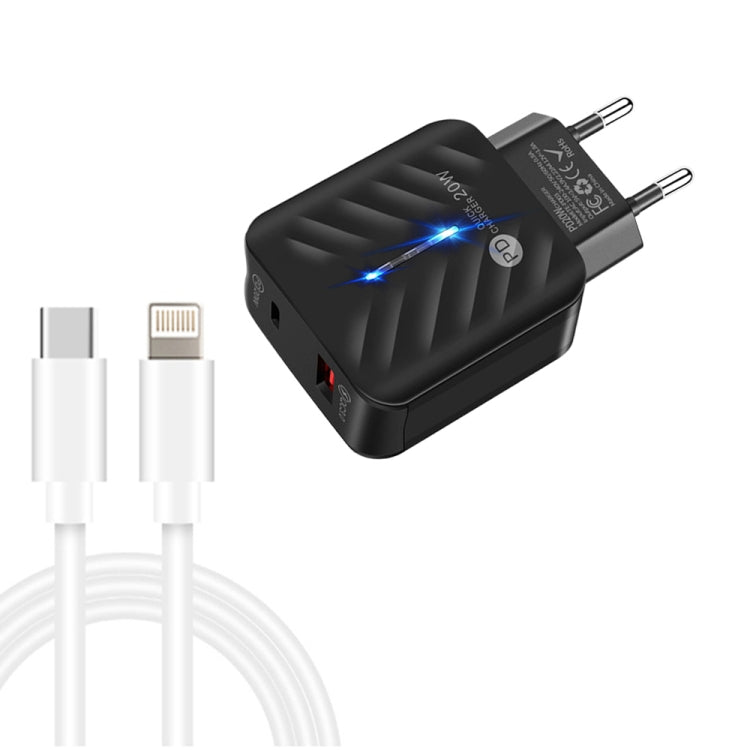 PD03 20W PD3.0 + QC3.0 USB 充電器 Type-C to 8ピンデータケーブル付き、EUプラグ、EUプラグ + Type-C to 8ピンケーブル