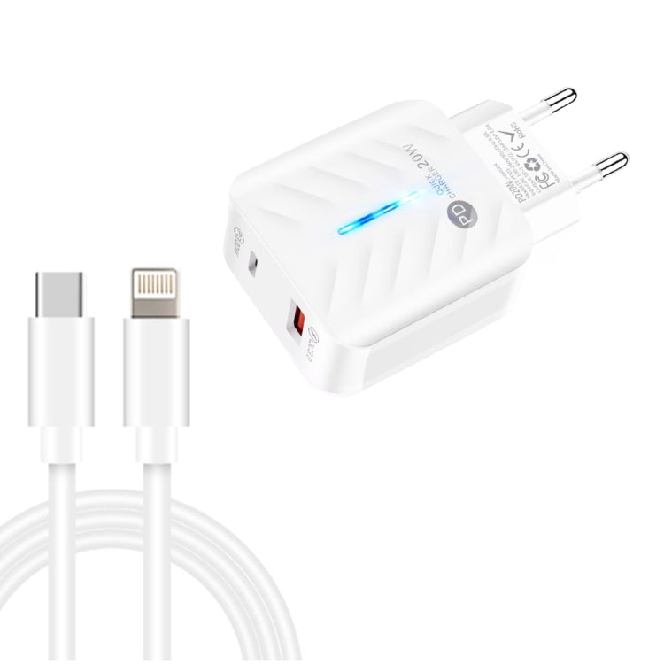 PD03 20W PD3.0 + QC3.0 USB 充電器 Type-C to 8ピンデータケーブル付き、EUプラグ、EUプラグ + Type-C to 8ピンケーブル