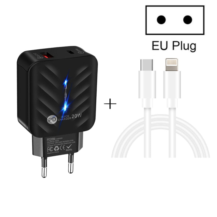 PD03 20W PD3.0 + QC3.0 USB 充電器 Type-C to 8ピンデータケーブル付き、EUプラグ、EUプラグ + Type-C to 8ピンケーブル