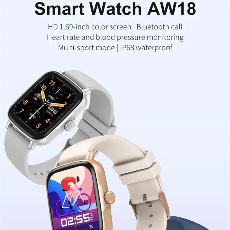 AW18 1.69インチ カラー画面スマートウォッチ、Bluetooth通話／心拍数モニタリング対応
