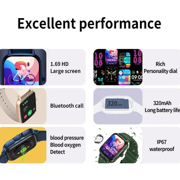 AW18 1.69インチ カラー画面スマートウォッチ、Bluetooth通話／心拍数モニタリング対応