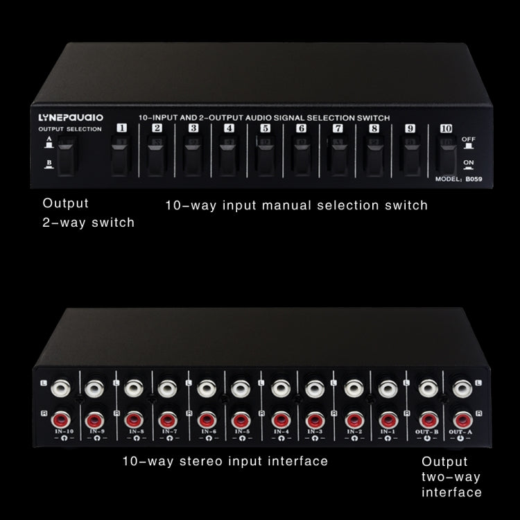 B059 10入力2出力 / 2入力10出力 2ウェイRCAスイッチ オーディオ周波数信号選択切替装置 スピーカーボックス, B059