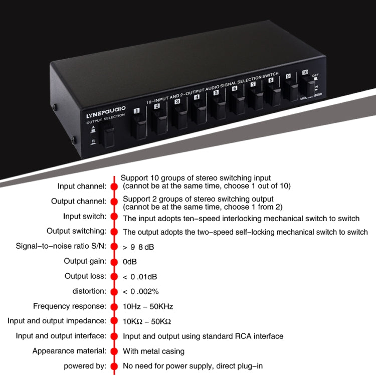 B059 10入力2出力 / 2入力10出力 2ウェイRCAスイッチ オーディオ周波数信号選択切替装置 スピーカーボックス, B059