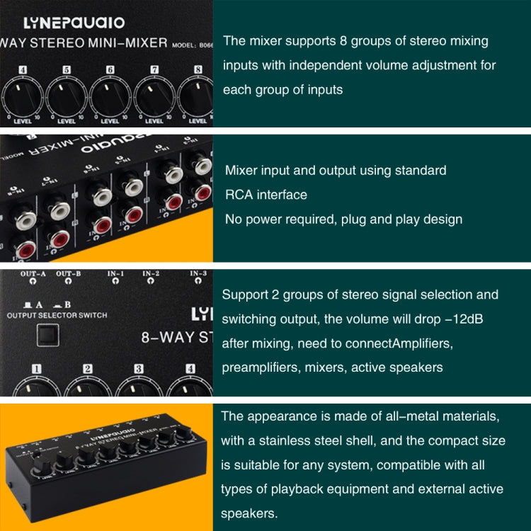 B066 ミニステレオ 8チャンネル RCA 非ソース音声パッシブミキサー 電源不要、8チャンネルRCA