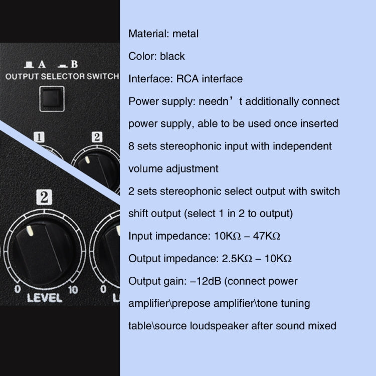B066 ミニステレオ 8チャンネル RCA 非ソース音声パッシブミキサー 電源不要、8チャンネルRCA