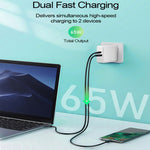 PD-65W USB-C / Type-C + QC3.0 USB ノートパソコン充電アダプター + 2m USB-C / Type-C to USB-C / Type-C データケーブルセット、EUプラグ / AUプラグ / USプラグ / UKプラグ、USB-C / Type-C ケーブル、EUプラグ / AUプラグ / USプラグ / UKプラグ
