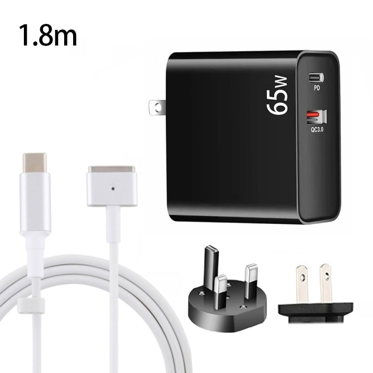 PD-65W USB-C / Type-C + QC3.0 USB ラップトップ充電アダプター + 1.8m USB-C / Type-C to MagSafe 2 / T型データケーブル, UKプラグ / USプラグ, MagSafe 2 / Tケーブル, UKプラグ / USプラグ