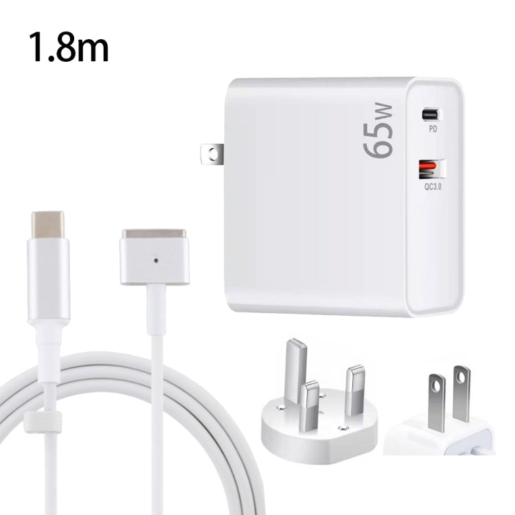 PD-65W USB-C / Type-C + QC3.0 USB ラップトップ充電アダプター + 1.8m USB-C / Type-C to MagSafe 2 / T型データケーブル, UKプラグ / USプラグ, MagSafe 2 / Tケーブル, UKプラグ / USプラグ