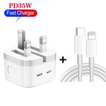 PD 35W デュアル USB-C / Type-C ポート充電器 Type-C to 8ピンデータケーブル付き、UKプラグ、UKプラグ + 1m 8ピンケーブル、UKプラグ + 1.5m 8ピンケーブル、UKプラグ + 2m 8ピンケーブル