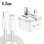 PD 35W デュアル USB-C / Type-C ポート充電器 Type-C to 8ピンデータケーブル付き、UKプラグ、UKプラグ + 1m 8ピンケーブル、UKプラグ + 1.5m 8ピンケーブル、UKプラグ + 2m 8ピンケーブル