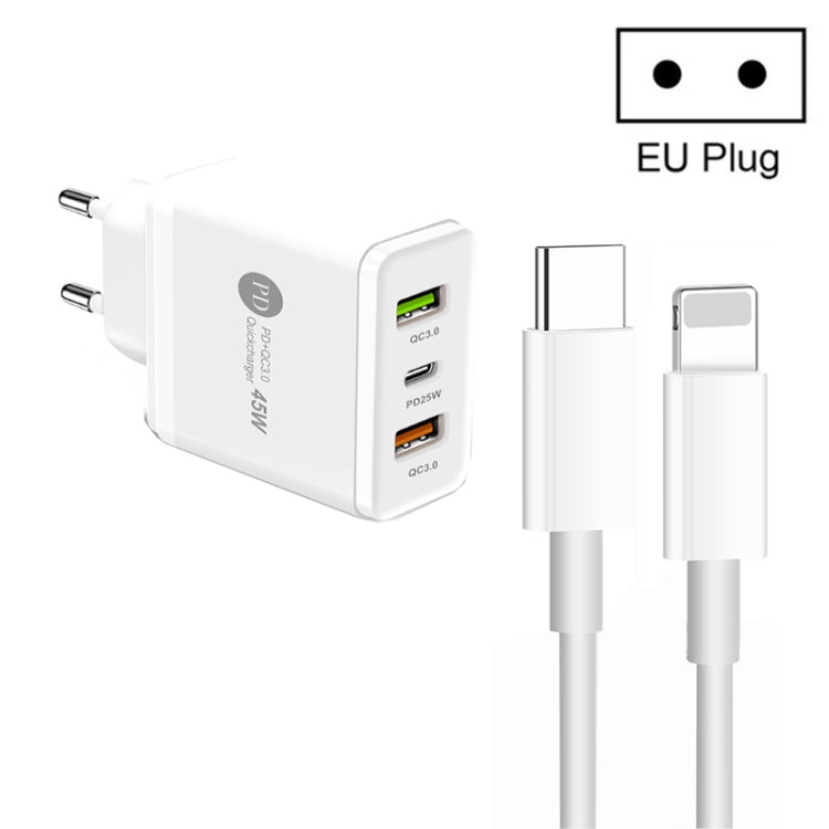 45W PD3.0 + 2ポート QC3.0 USB マルチポート充電器 Type-C to 8ピンケーブル付き、EUプラグ、EUプラグ + Type-C to 8ピンケーブル