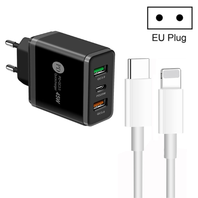 45W PD3.0 + 2ポート QC3.0 USB マルチポート充電器 Type-C to 8ピンケーブル付き、EUプラグ、EUプラグ + Type-C to 8ピンケーブル