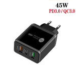 45W PD3.0 + 2ポート QC3.0 USB マルチポート充電器 Type-C to 8ピンケーブル付き、EUプラグ、EUプラグ + Type-C to 8ピンケーブル
