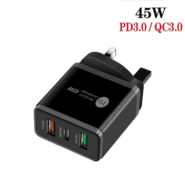 45W PD3.0 + 2ポート QC3.0 USB マルチポート充電器 Type-C to 8ピンケーブル付き、UKプラグ、UKプラグ + Type-C to 8ピンケーブル