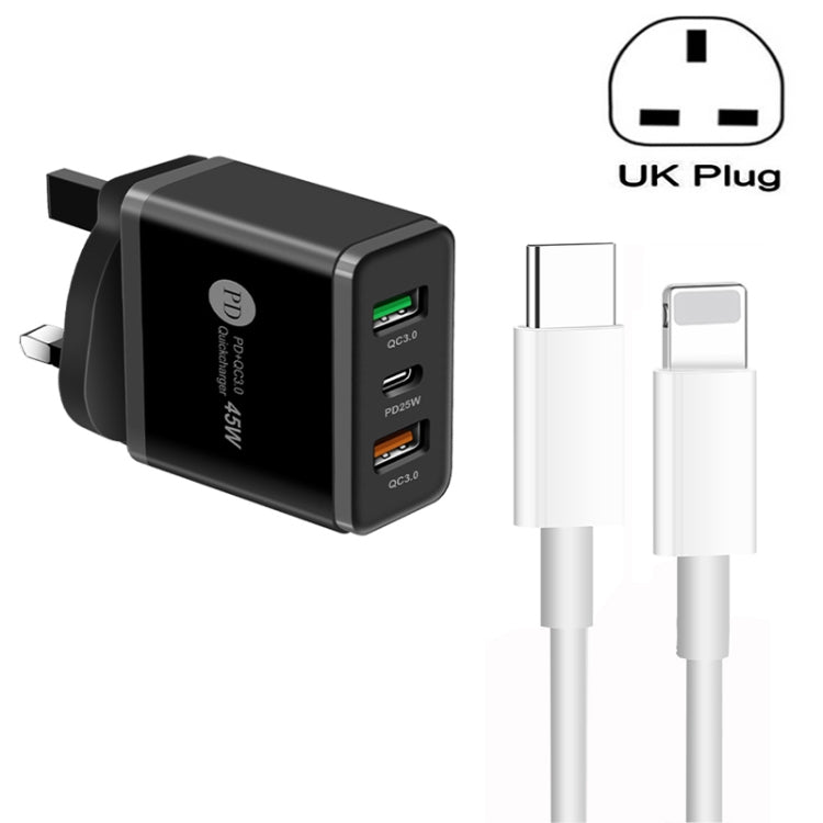45W PD3.0 + 2ポート QC3.0 USB マルチポート充電器 Type-C to 8ピンケーブル付き、UKプラグ、UKプラグ + Type-C to 8ピンケーブル