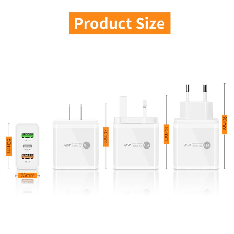 45W PD3.0 + 2ポート QC3.0 USB マルチポート充電器 Type-C to 8ピンケーブル付き、UKプラグ、UKプラグ + Type-C to 8ピンケーブル