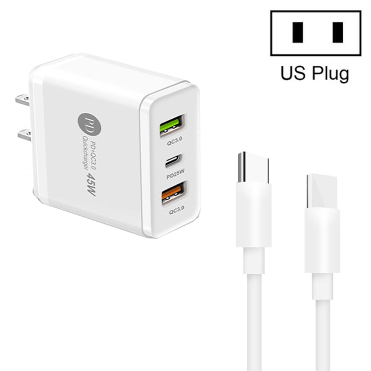 45W PD3.0 + 2 x QC3.0 USBマルチポートチャージャー Type-C to Type-Cケーブル付き、USプラグ、USプラグ + Type-C to Type-Cケーブル
