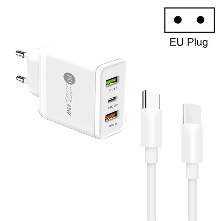 45W PD3.0 + 2 x QC3.0 USBマルチポートチャージャー Type-C to Type-Cケーブル付き、EUプラグ、EUプラグ + Type-C to Type-Cケーブル