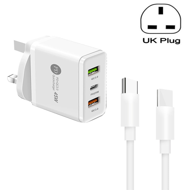 45W PD3.0 + 2 x QC3.0 USBマルチポートチャージャー Type-C to Type-Cケーブル付き、UKプラグ、UKプラグ + Type-C to Type-Cケーブル