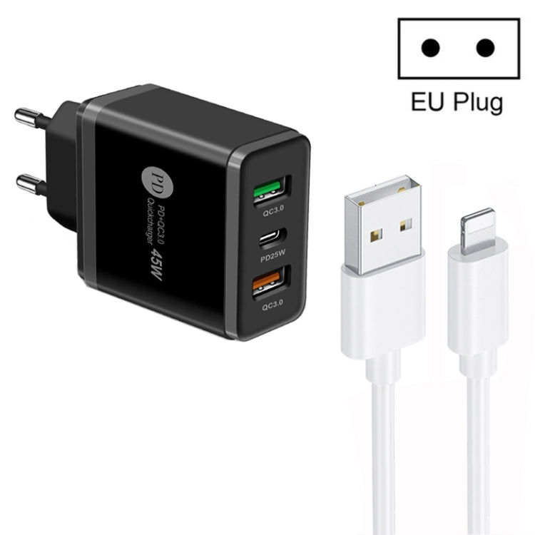 45W PD25W + 2ポート QC3.0 USB マルチポート充電器 USB to 8ピンケーブル付き、EUプラグ、EUプラグ + USB to 8ピンケーブル