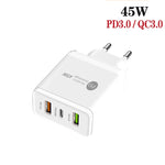 45W PD25W + 2ポート QC3.0 USB マルチポート充電器 USB to 8ピンケーブル付き、EUプラグ、EUプラグ + USB to 8ピンケーブル