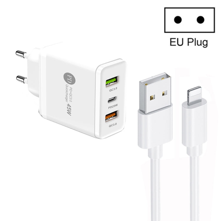 45W PD25W + 2ポート QC3.0 USB マルチポート充電器 USB to 8ピンケーブル付き、EUプラグ、EUプラグ + USB to 8ピンケーブル