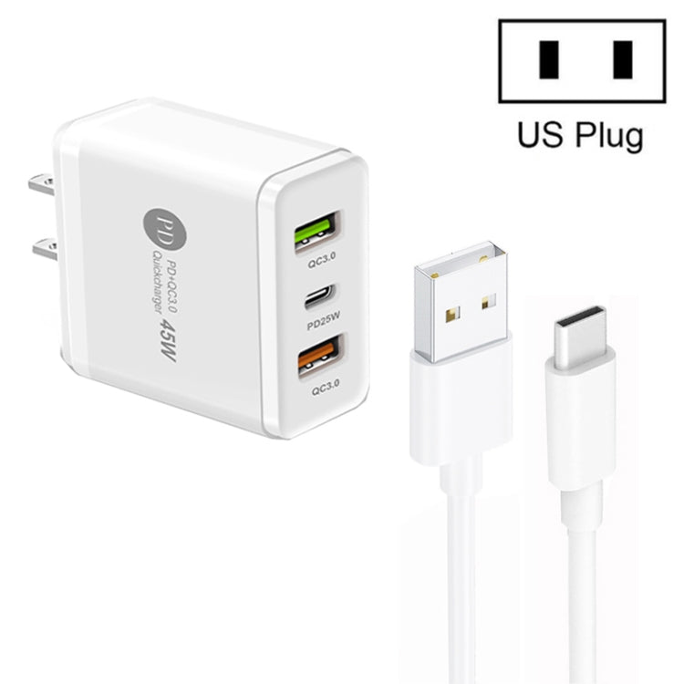 45W PD25W + 2 x QC3.0 USBマルチポートチャージャー USB to Type-Cケーブル付き、USプラグ、USプラグ + USB to Type-Cケーブル