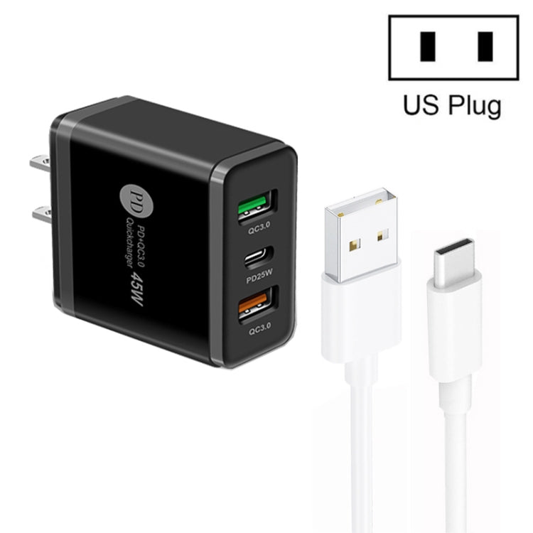45W PD25W + 2 x QC3.0 USBマルチポートチャージャー USB to Type-Cケーブル付き、USプラグ、USプラグ + USB to Type-Cケーブル
