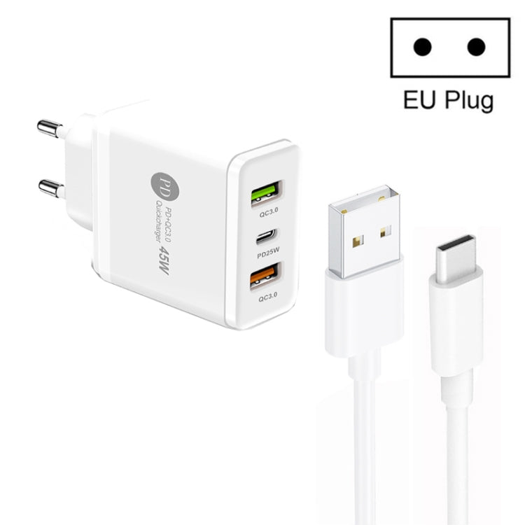 45W PD25W + 2 x QC3.0 USBマルチポートチャージャー USB to Type-Cケーブル付き、EUプラグ、EUプラグ + USB to Type-Cケーブル