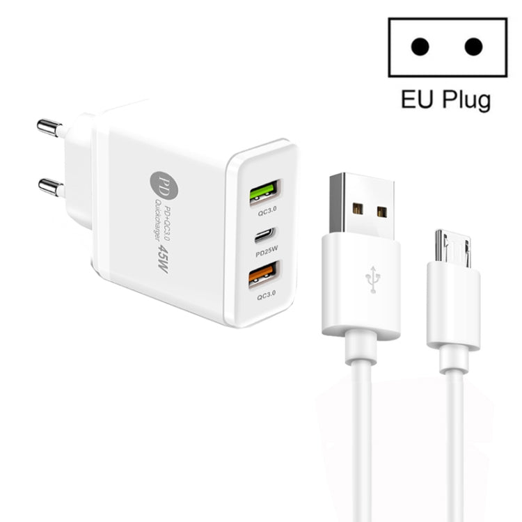 45W PD25W + 2 x QC3.0 USBマルチポートチャージャー USB to Micro USBケーブル付き、EUプラグ、EUプラグ + USB to Micro USBケーブル