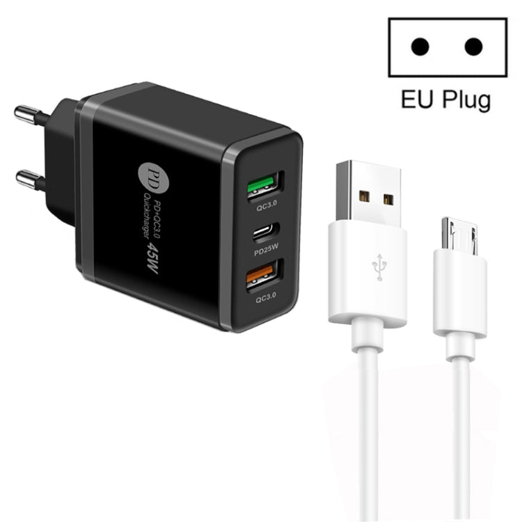 45W PD25W + 2 x QC3.0 USBマルチポートチャージャー USB to Micro USBケーブル付き、EUプラグ、EUプラグ + USB to Micro USBケーブル