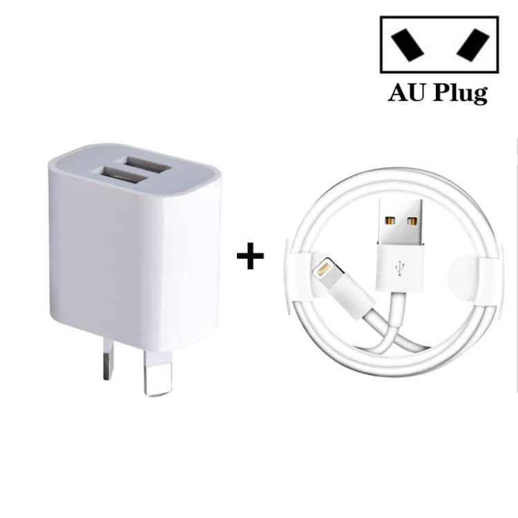 ミニデュアルポートUSB充電器 USBから8ピンデータケーブル付き、AUプラグ、AUプラグ＋8ピンケーブル