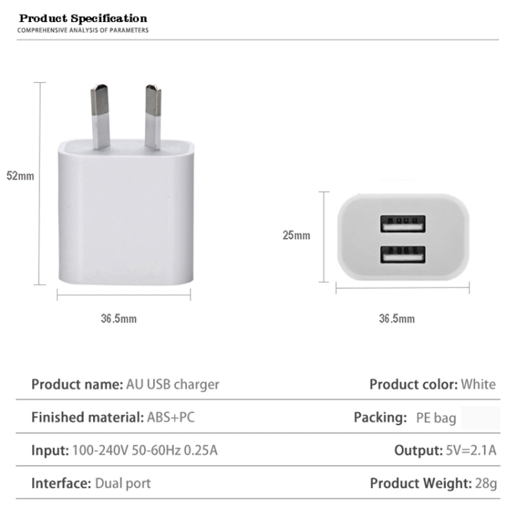 ミニデュアルポートUSB充電器 USBから8ピンデータケーブル付き、AUプラグ、AUプラグ＋8ピンケーブル